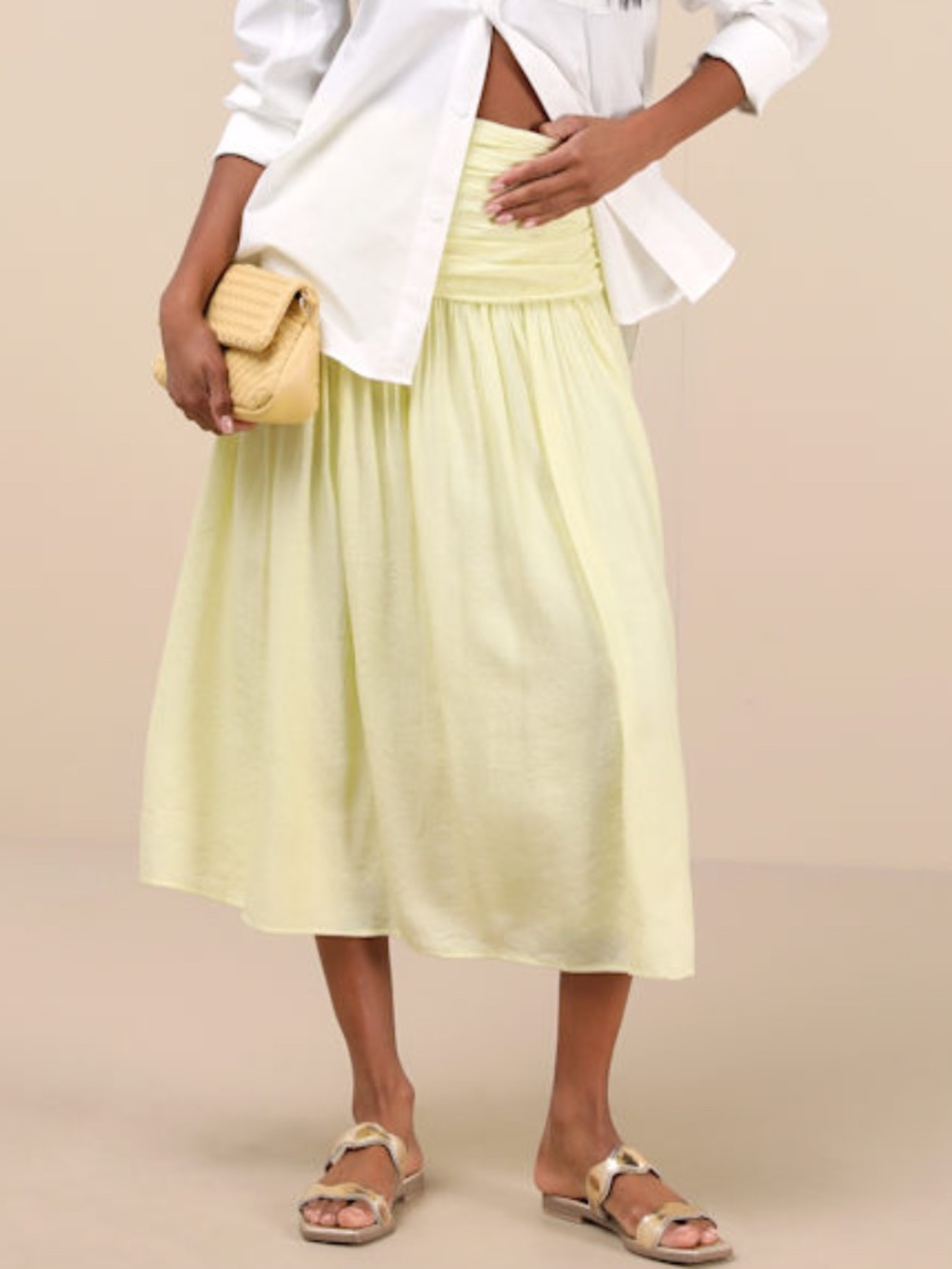 Lulus Kesia Light Yellow Textured A-line Midi Skirt - Size M